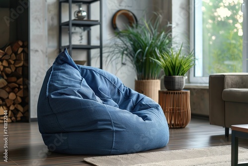 Soft enjoyable beanbag chair in modern living room interior photo