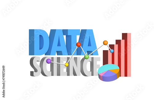3D rendering of Data science concept with charts on white background.