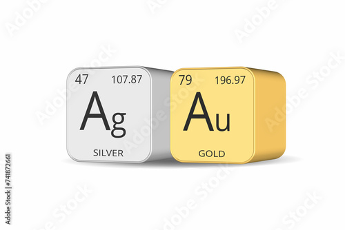 3d rendering of gold and silver precious metals on white background