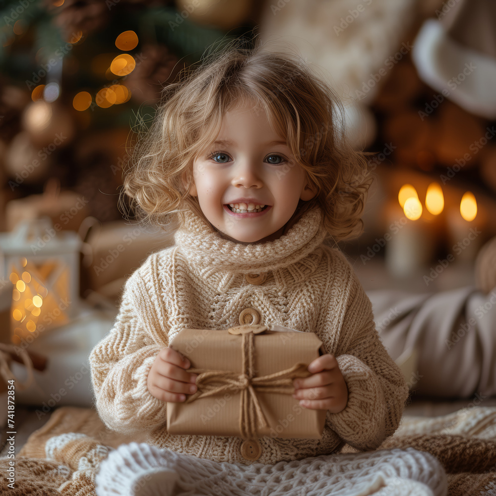 A delighted child unwrapping a gift with anticipation and excitement on a special occasion. Concept of festive joy. Generative Ai. A delighted child unwrapping a gift with anticipation and excitement on a special occasion. Concept of festive joy. Generative Ai.