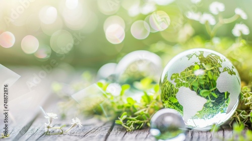 Eco-Friendly Earth Concept - A crystal globe surrounded by greenery, symbolizing environmental consciousness.