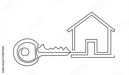 Single continuous line drawing black flat style key and house icon shape. Elegant key house logo design, real estate logo icon symbol design vector template. One line draw graphic design illustration