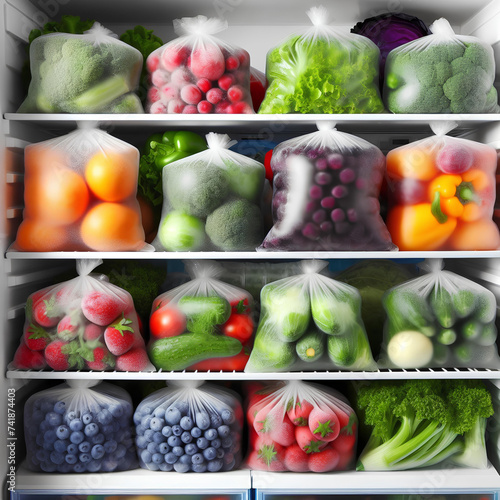 Plastic bags with deep frozen vegetables on white shelves in the refrigerator photo