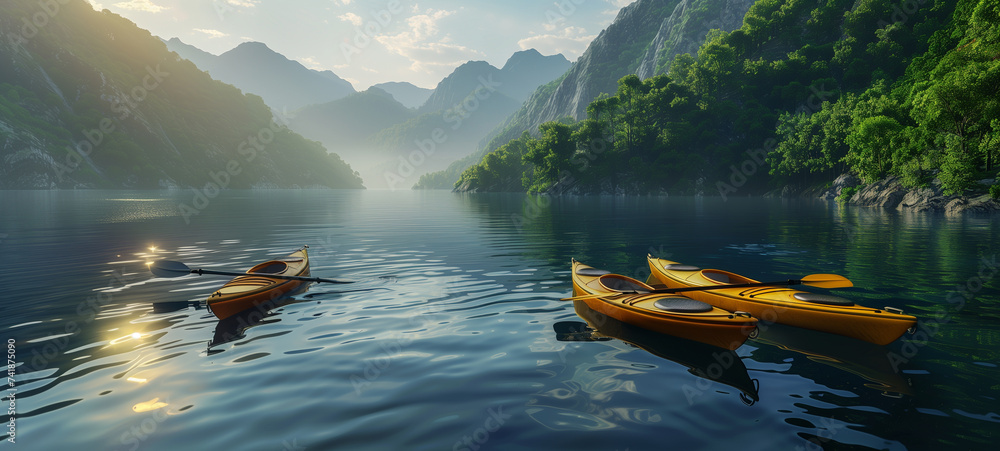 Fototapeta premium Beneath the serene waters of a tranquil lake, a flotilla of kayaks glides silently, their paddles dipping rhythmically into the glassy surface