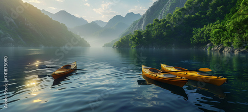 Beneath the serene waters of a tranquil lake, a flotilla of kayaks glides silently, their paddles dipping rhythmically into the glassy surface © Katsiaryna