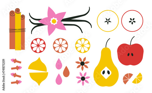 Set of spices and fruits simple icons in bright color. Vanilla. Cinnamon sticks. Dried orange slices. Cloves, brown anise flower. Abstract cartoon fruit stickers. Cooking tasty and healthy food design