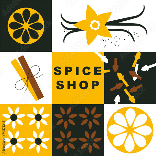Simple geometric spices vector pattern. Cinnamon stick, vanilla, dried orange slices, clove, anise flower. Abstract background for poster, menu, cafe, shop with spice and fruit abstract elements