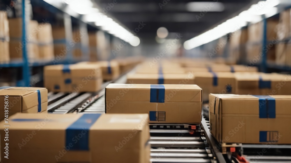 Closeup of multiple cardboard box packages seamlessly moving along a conveyor belt in a warehouse fulfillment center, a snapshot of e-commerce, delivery, automation, and products.Ai generative Closeup of multiple cardboard box packages seamlessly moving along a conveyor belt in a warehouse fulfillment center, a snapshot of e-commerce, delivery, automation, and products.Ai generative
