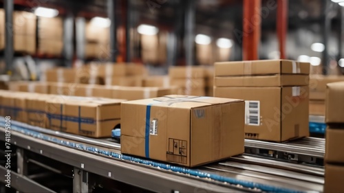 Closeup of multiple cardboard box packages seamlessly moving along a conveyor belt in a warehouse fulfillment center, a snapshot of e-commerce, delivery, automation, and products.Ai generative