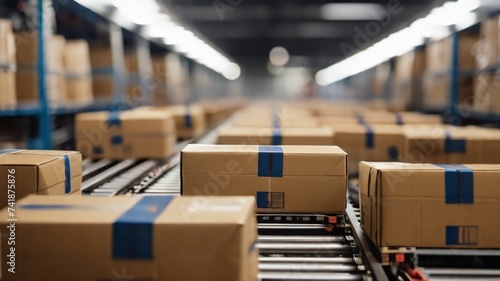 Closeup of multiple cardboard box packages seamlessly moving along a conveyor belt in a warehouse fulfillment center, a snapshot of e-commerce, delivery, automation, and products.Ai generative