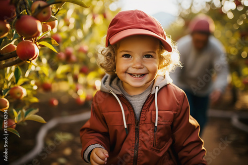 A small child has fun in an apple orchard with his parents. Autumn apple harvest