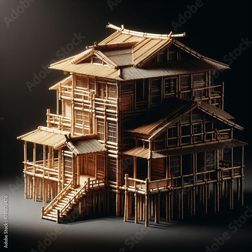 Casa de bonecas feita com palitos de bambu, iluminação dramática.  photo