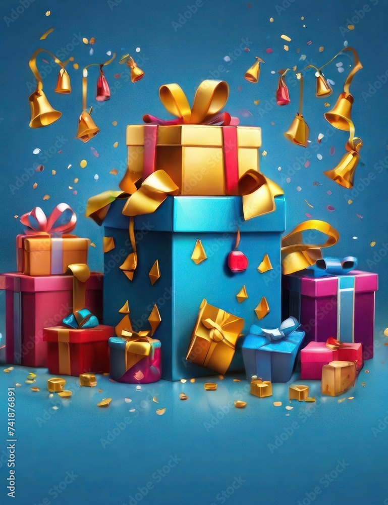Festive promotion! Celebrate the new year or a birthday with a collection of bell icons accompanied by a discount voucher, 3D gift boxes, and confetti. Enjoy 3D vector illustrations of holiday-themed 