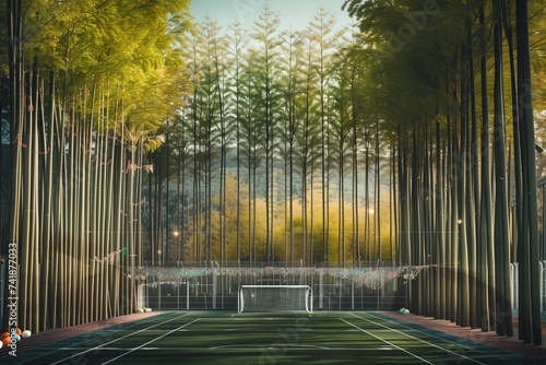 A soccer stadium surrounded by tall, elegant trees, with leaves creating a natural canopy. The background hints at Easter celebrations with pastel streamers 