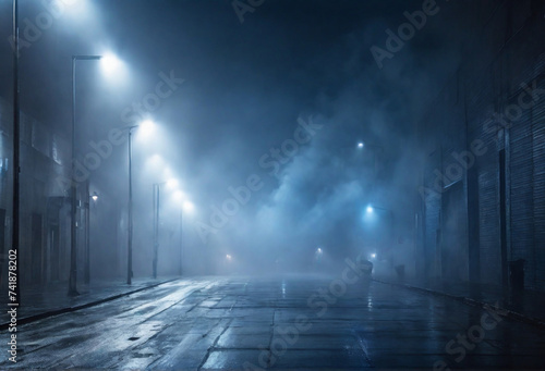 night street in the city, Asphalt blue dark street with smoke. Rays, spotlights light . Empty dark scene with neon light