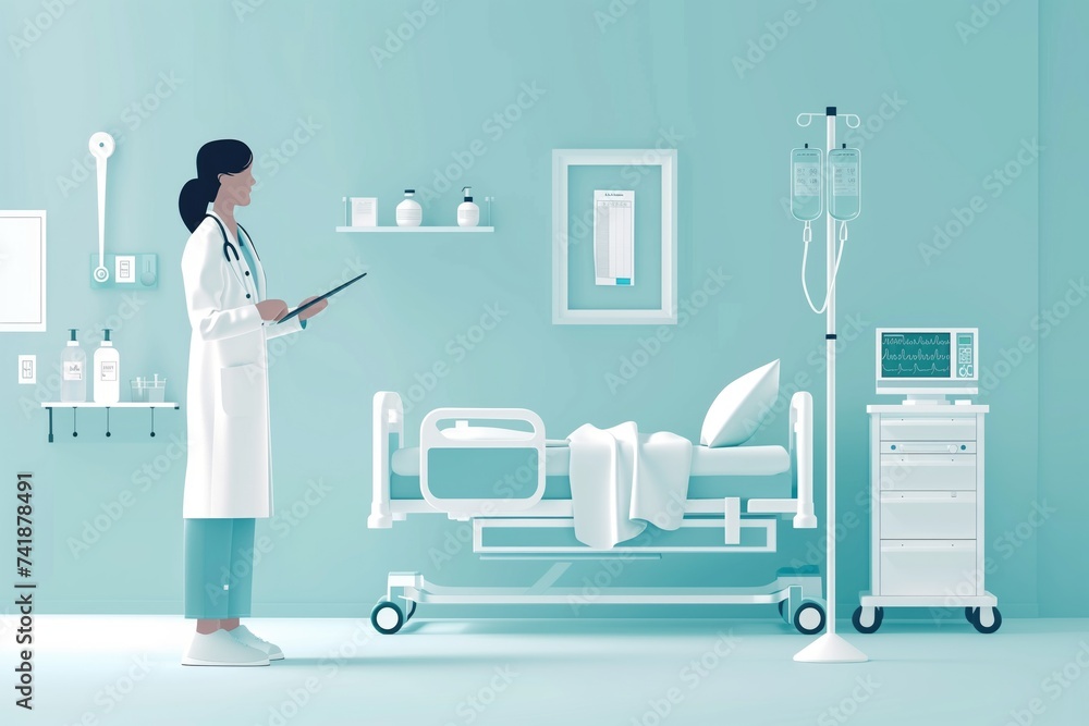 Flat illustration of a nurse in a hospital attending to patient Flat illustration of a nurse in a hospital attending to patient