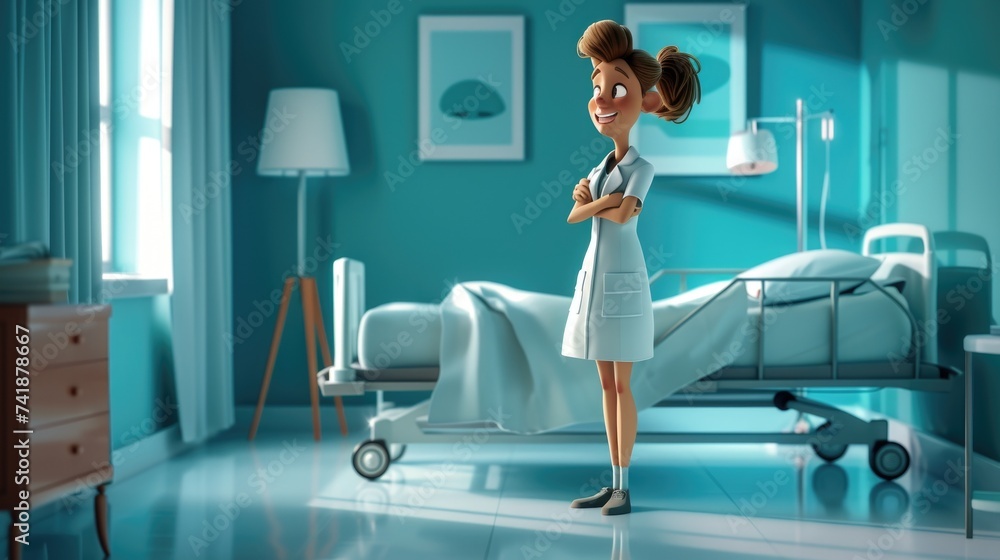 The image depicts a brightly-rendered animated nurse with a big smile, wearing a white uniform and standing confidently in a well-equipped hospital room adorned with blue walls, a patient bed, bedside The image depicts a brightly-rendered animated nurse with a big smile, wearing a white uniform and standing confidently in a well-equipped hospital room adorned with blue walls, a patient bed, bedside