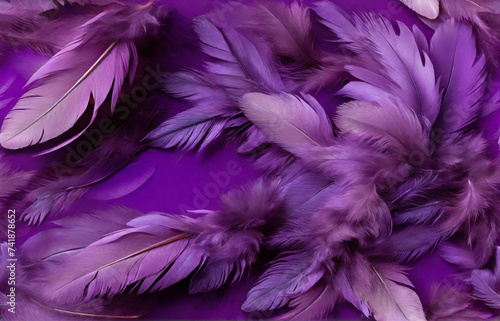 Feathers on a dark purple  background, Background of Abstract Glitter Lights. and Feather. Blue, Gold and Purple. De Focused Feathers. Quill or Plume. Luxurious Premium Seamless Banner Tile
