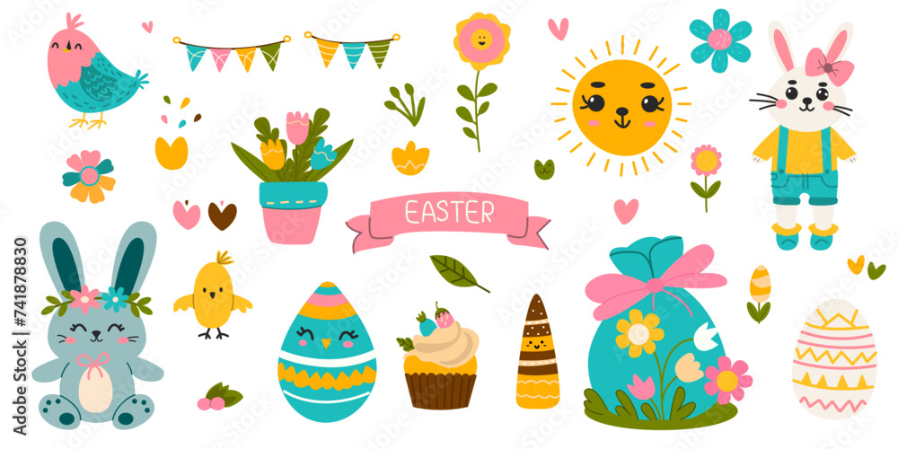 Cute set of elements for the Easter holiday. Rabbit, eggs, sun, tulips, flowers, cupcake, festive garland. Vector illustration for greeting cards.