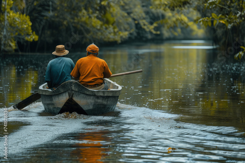 dos indígenas navegando en una pequeña barca de madera en la selva del amazonas