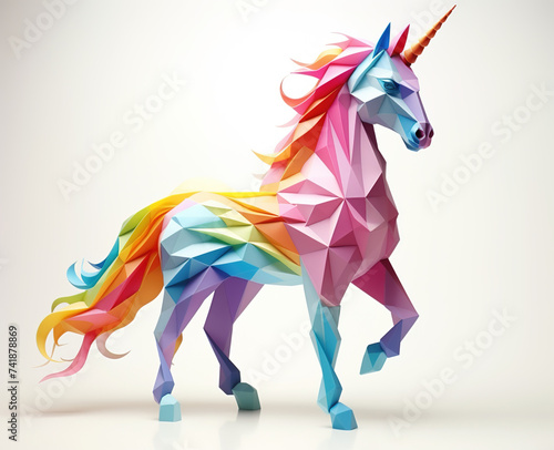 Origami unicorn, bright rainbow unicorn made of paper white background