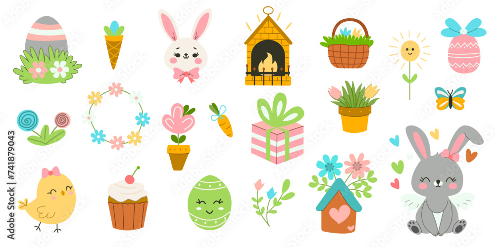 Cute set of elements for the Easter holiday. Rabbit, eggs, fireplace, basket, gift, cupcake, flowers, feeder. Vector illustration for greeting cards.