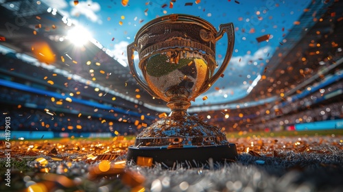 Trophy on Sports Field: A winner trophy is positioned on the sidelines of a sports field or arena, capturing the excitement and intensity of competition in the athletic world  photo