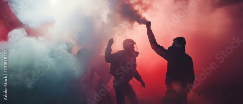 Rebellion in red: Silhouetted figures amidst smoke and flares express fervent protest