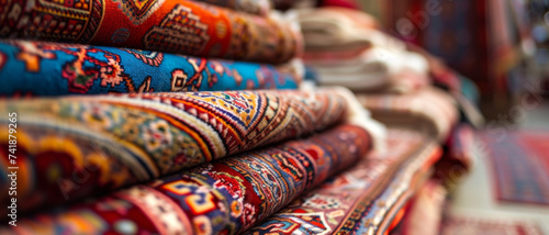 Cultural tapestry: Close-up of intricately patterned traditional carpets in vibrant hues