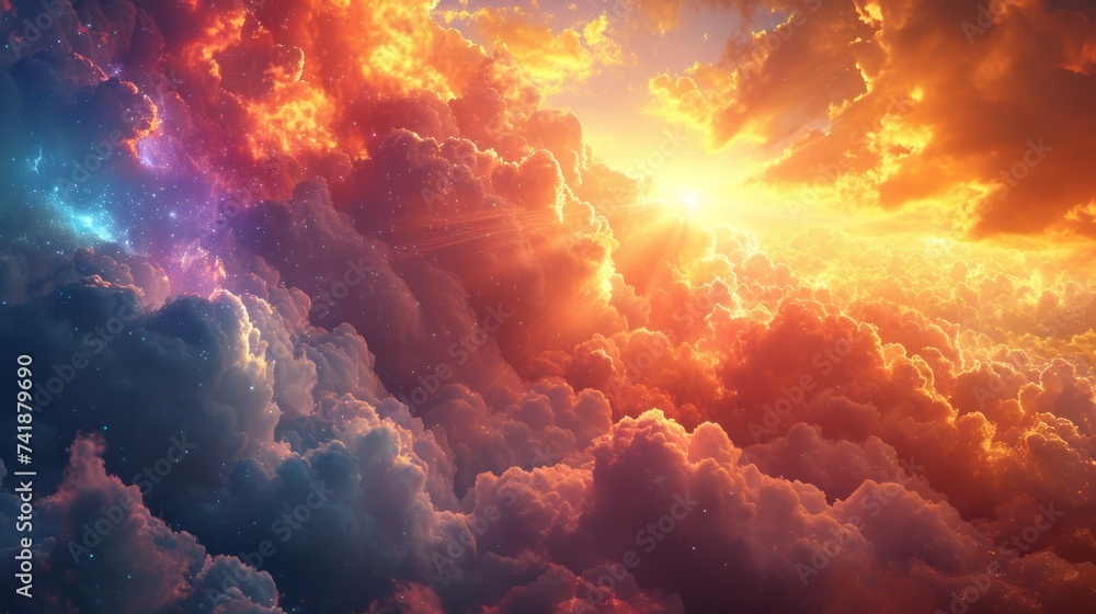 Whimsical rainbow cosmic clouds with glowing particles. Mystical sparkling heaven. Ethereal nebula. Abstract beautiful sky background. Concept of surreal cloudscape, fantasy art, mystery and miracle Whimsical rainbow cosmic clouds with glowing particles. Mystical sparkling heaven. Ethereal nebula. Abstract beautiful sky background. Concept of surreal cloudscape, fantasy art, mystery and miracle