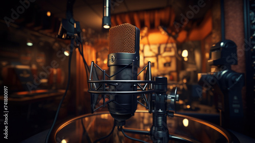 Studio microphone and pop shield on mic in the empty recording studio with copy space. Performance and show in the music business equipment photo