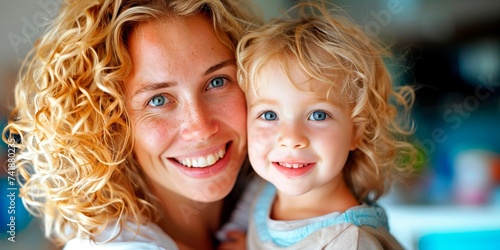 The image captures a bright and affectionate scene where a woman with curly blonde hair and sparkling blue eyes smiles warmly while embracing a young child with similarly curly hair and striking blue 