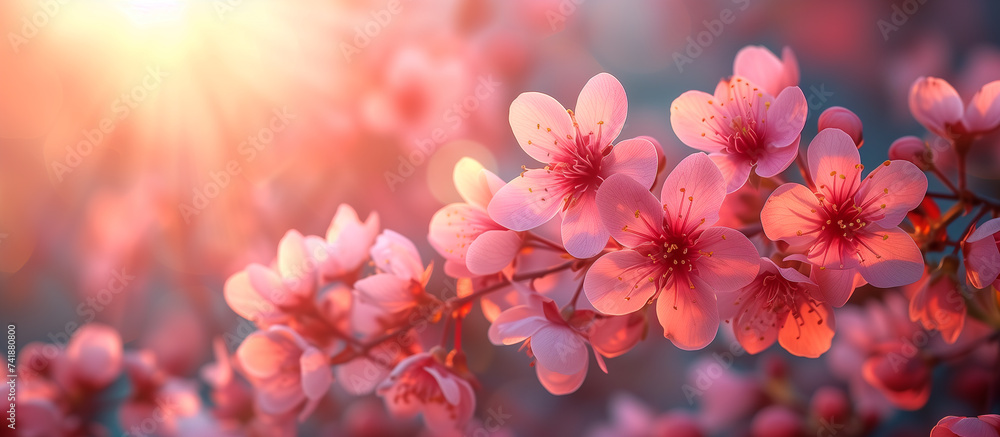 Cherry blossom tree flowers close up. Spring floral banner. Springtime easter theme. - obrazy, fototapety, plakaty 