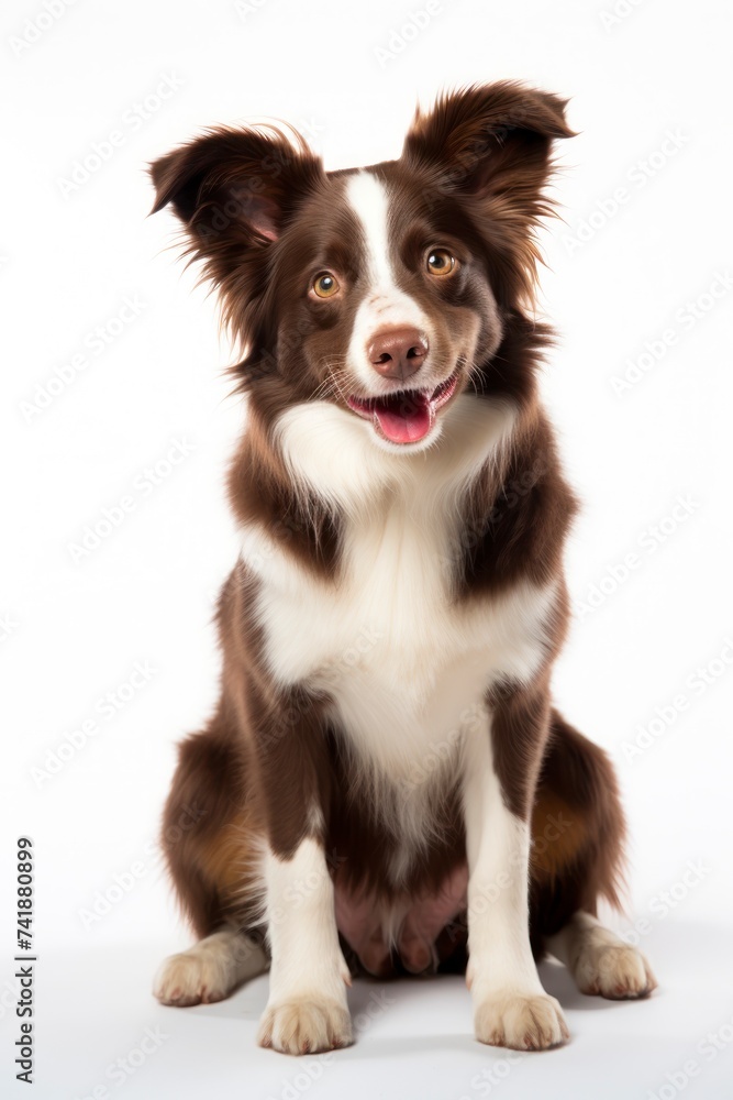 A dog sitting on white background looking at the camera.