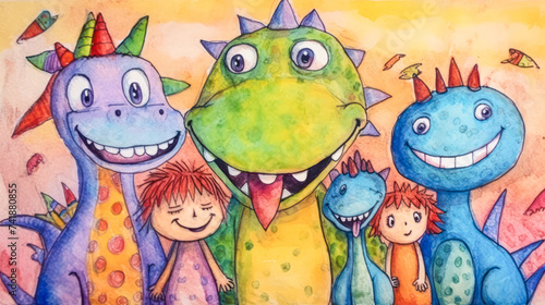 childrens pencil drawing depicts playful dinosaurs and kids having a blast together