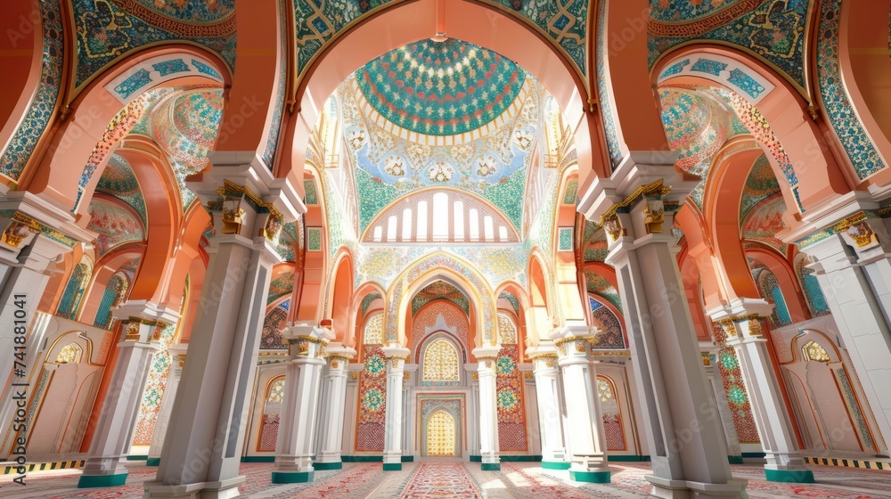 Mosque's interior adorned with intricate tile work and geometric designs, reflecting the rich artistic heritage of Islamic architecture during Ramadan