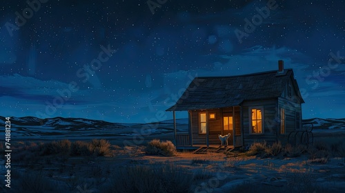 a small western town at night, with a warmly illuminated wooden house and a faithful dog resting on its doorstep, evoking the timeless allure of frontier life.