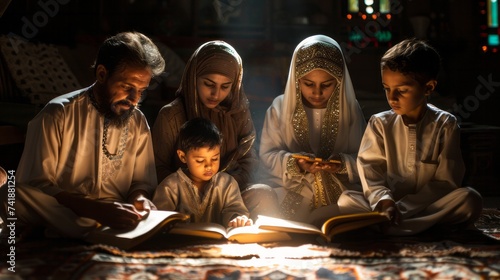 Muslim family reading Quran together during Ramadan  fostering a deeper connection to their faith and spirituality