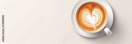 A beautifully crafted cup of cappuccino featuring latte art, placed on a saucer on a clean white table. Perfect for coffee lovers and enthusiasts of espressobased drinks, banner