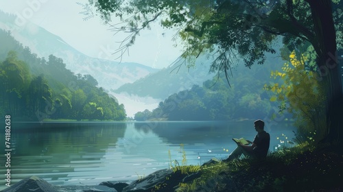 a person immersed in a book by the peaceful lakeshore, surrounded by serene waters and serene natural beauty. © lililia