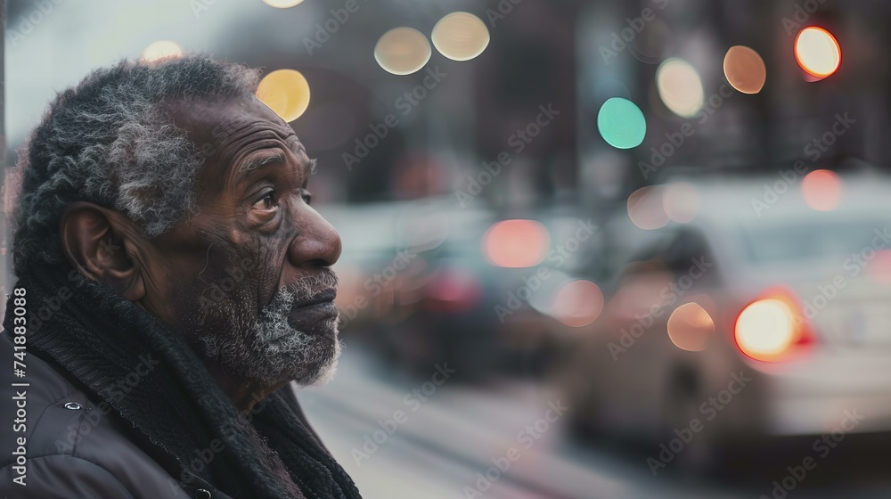 sad, old african american man on the street, closeup portrait - obrazy, fototapety, plakaty 