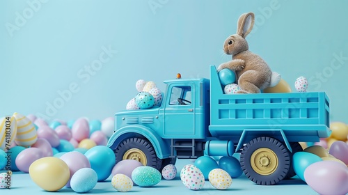 pastel blue dumper truck full of pastel color Easter eggs and real Easter bunny sitting on top of Easter eggs, pastel blue background
