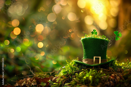 A vibrant green hat adorned with a lucky four leaf clover rests amongst the lush grass and towering trees, embodying the beauty and magic of nature photo