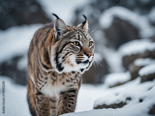 Bobcat  Eurasian lynx walking through snow covered mountain range. Endangered species. Majestic wildlife. 