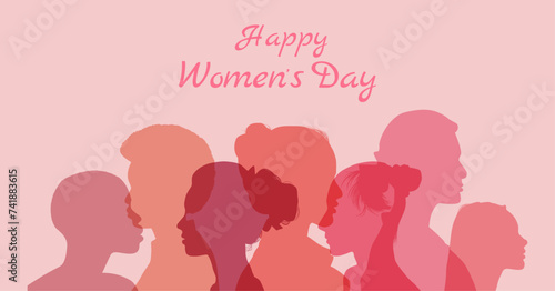 Happy Womens Day greeting card design with multiethnic girls silhouette