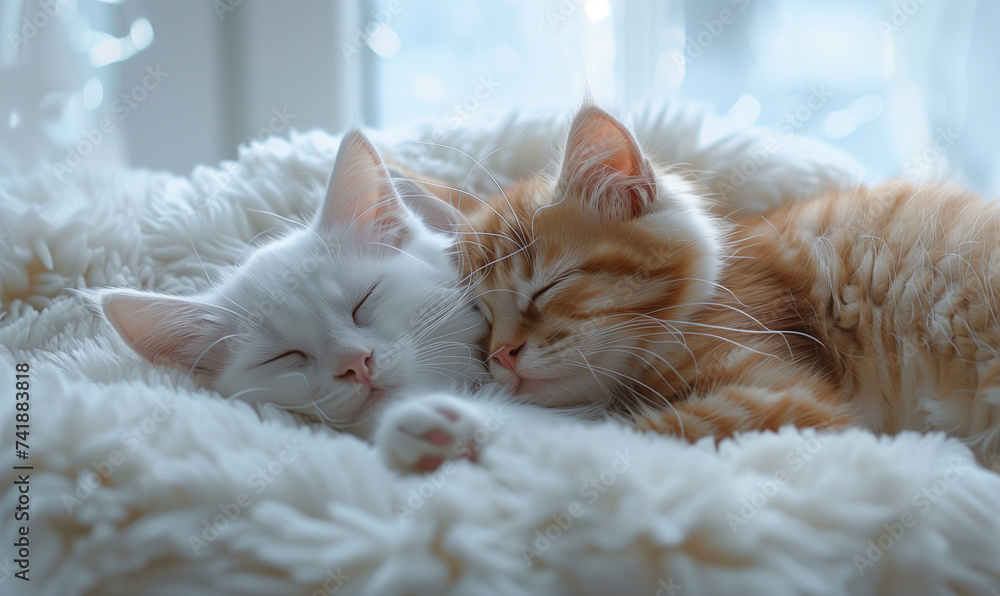 Obraz premium Two Orange Tabby Kittens Sleeping Peacefully on Soft Blanket 