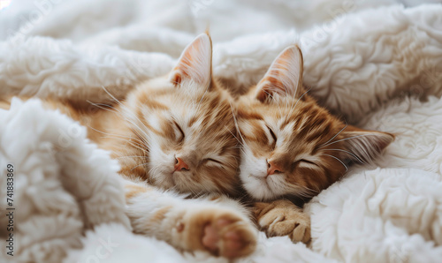 Two Orange Tabby Kittens Sleeping Peacefully on Soft Blanket  © augenperspektive