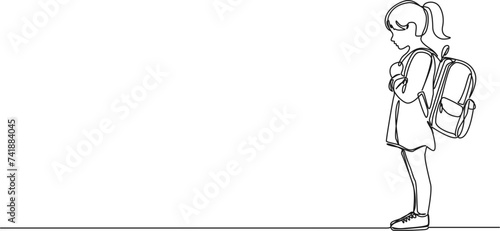 continuous single line drawing of elementary school student girl with school bag, line art vector illustration