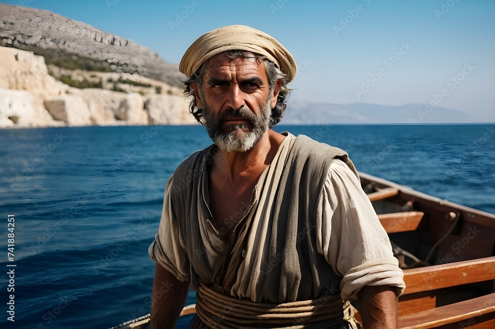 Portrait eines griechischen Fischers auf seinem Fischerboot - obrazy, fototapety, plakaty 