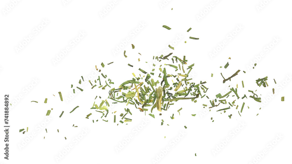 Dry, chopped green dill leaves, pile isolated on white background and texture, macro Dry, chopped green dill leaves, pile isolated on white background and texture, macro